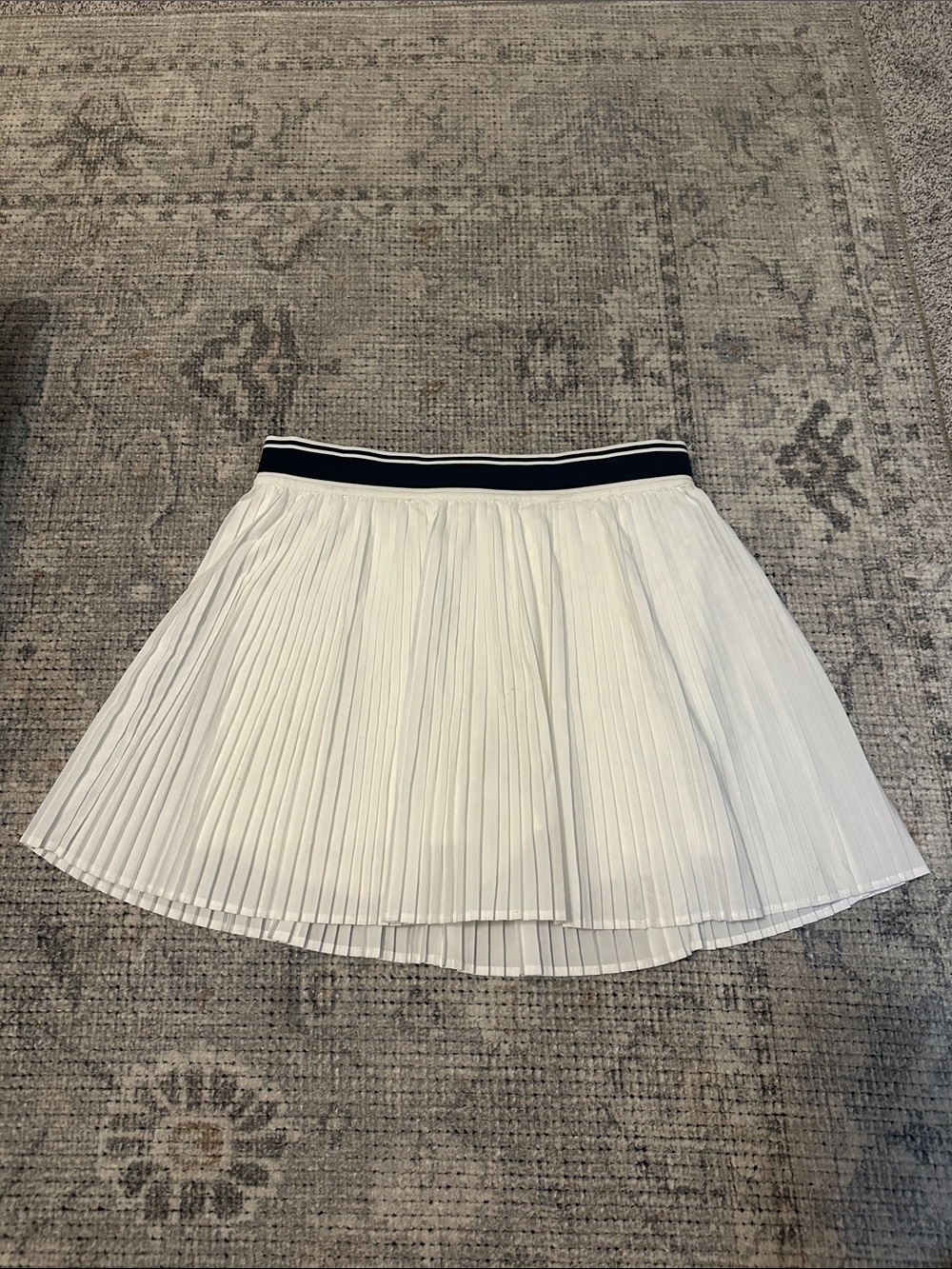 Old Navy White Pleated Skater Skirt with Navy Stripe Waistband